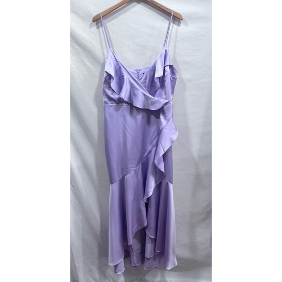 NWT Express Satin Lavender Ruffle Wrap Front Hi-Lo Maxi Dress Women's L Wedding - Picture 2 of 7